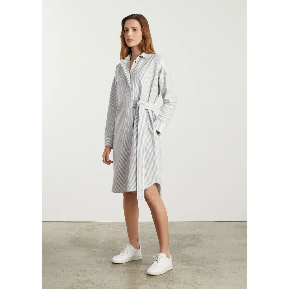 Everlane Oxford Shirtdress Blue White Stripe Organic Cotton Belted Midi Dress